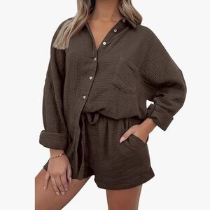 AUTOMET Brown Long Sleeve Button Down Shirt and Shorts Set